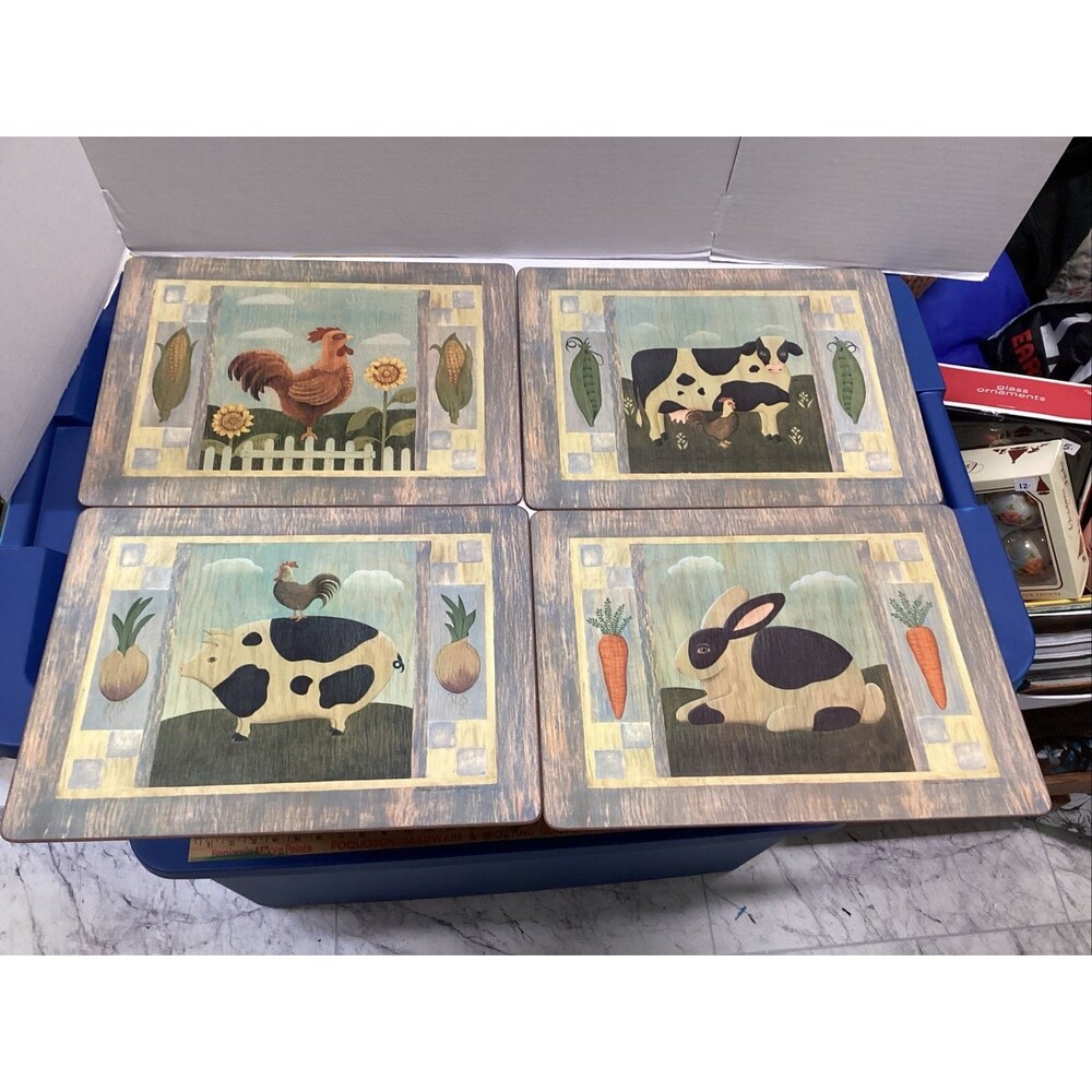 vtg pimpernel cork backed placemats farm animals set of 4 chicken cow rabbit pig